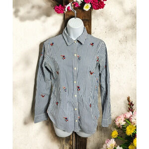 Abercrombie & Fitch Striped Button Front Shirt Sz S Embroidered Flowers Blouse